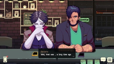 Screenshot from the gameplay of a barista-simulator game "Coffee Talk" with two characters sitting a...