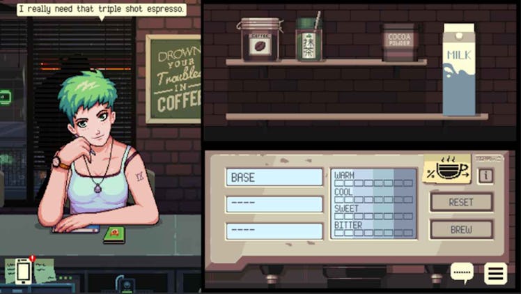 Screenshot from the gameplay of a barista-simulator game "Coffee Talk" showing a female character or...