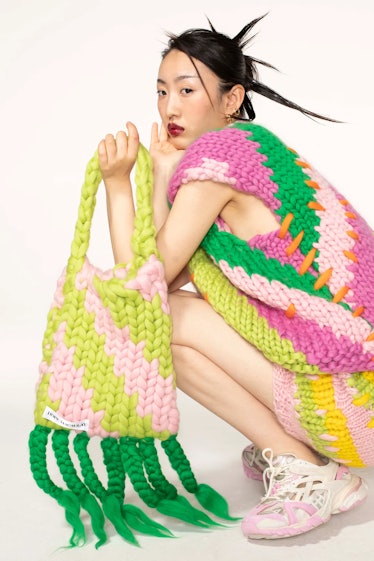 Hope Macaulay Pink and Green Diagonal Colossal Knit Tote Bag