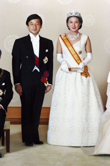 Emperor Naruhito and Empress Masako (wearing Hanae Mori) after their wedding