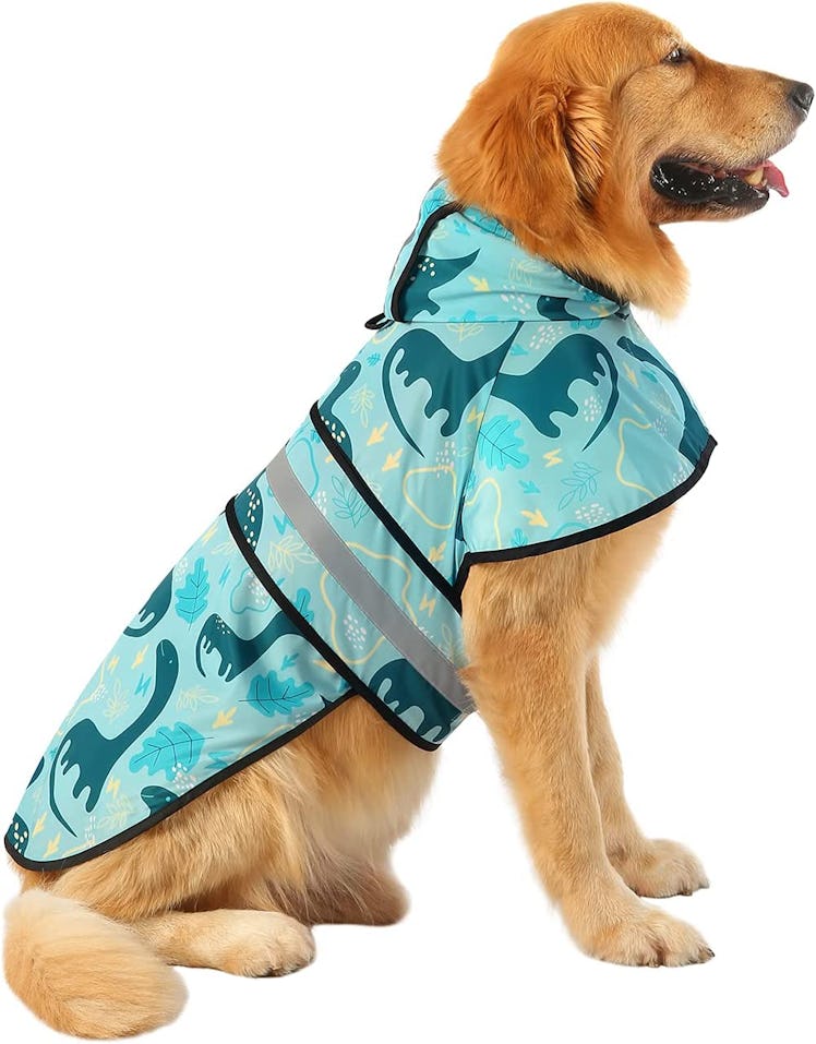 This hooded waterproof dog coat is available in a wide range of fun patterns. 