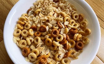 Bowl of Cheerios, Rice Krispies, and milk.