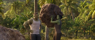 Mark Ruffalo as Bruce Banner and Tatiana Maslany as Jennifer Walters in She-Hulk: Attorney at Law Ep...