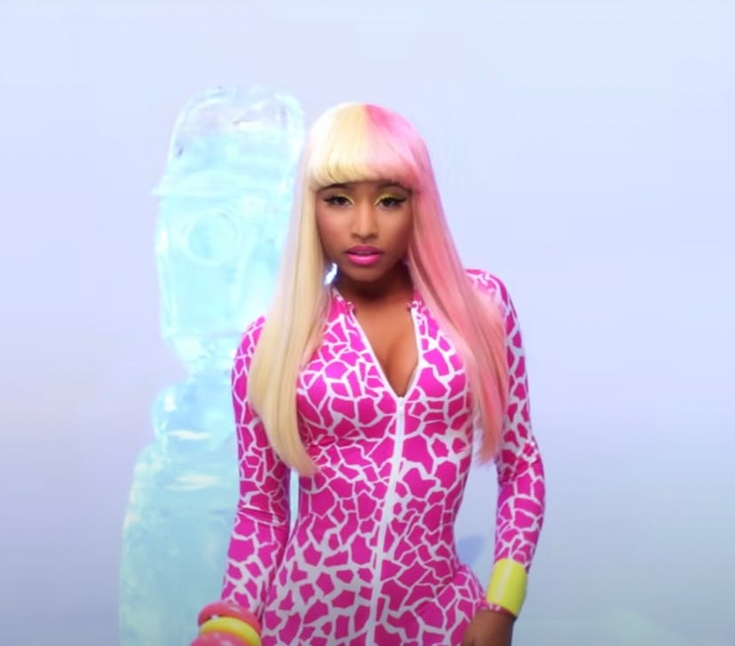 In her music video for her 2010 single, "Super Bass," Nicki Minaj wore a pink-printed bodysuit while...