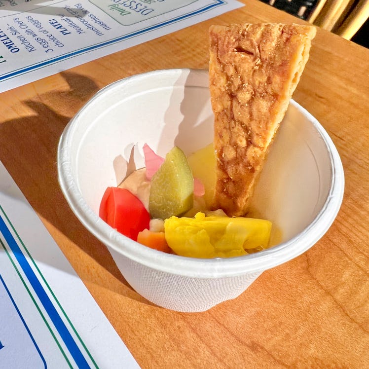 Pickled Vegetable Chop Chop With Hummus at the 'Only Murders in the Building' pop-up experience in N...