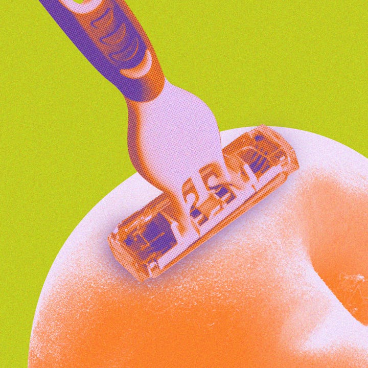 A razor that is held directly on the skin in an attempt to shave with a green and orange color filte...