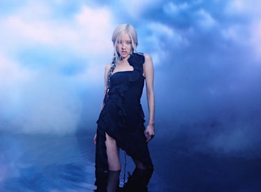 Rosé wearing a black Garden of Eden dress in Blackpink's 'Pink Venom' music video
