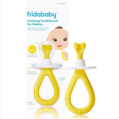A baby toothbrush that can scrub the whole tooth at once saves time and causes less fuss.