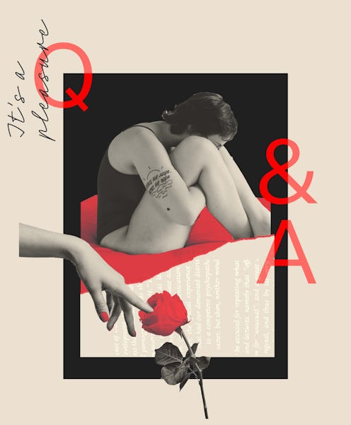 A collage of a woman curled up on a bed, a hand touching a red rose and letters Q&A