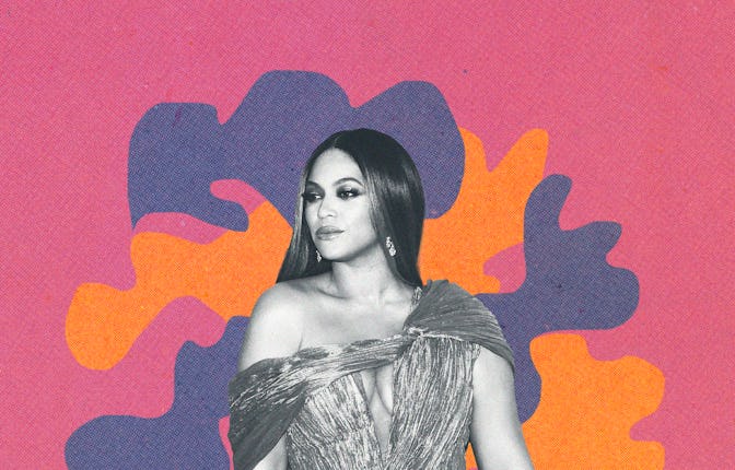 Beyonce, in a black and white photo with a red, orange, and gray background wearing an off-shoulder ...