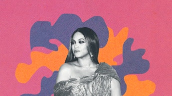 Beyonce, in a black and white photo with a red, orange, and gray background wearing an off-shoulder ...