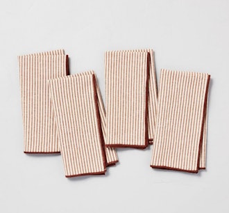 4pk Ticking Stripe with Stitched Edge Cloth Napkin Set Pumpkin Brown