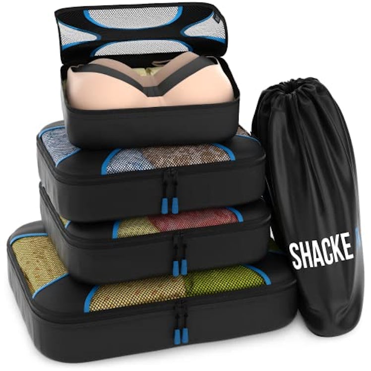 Shacke Pak - 5 Set Packing Cubes - Travel Organizers with Laundry Bag (Black/Blue)