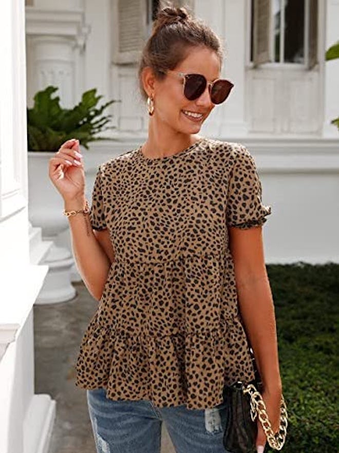 PRETTYGARDEN Puff-Sleeve Leopard Blouse