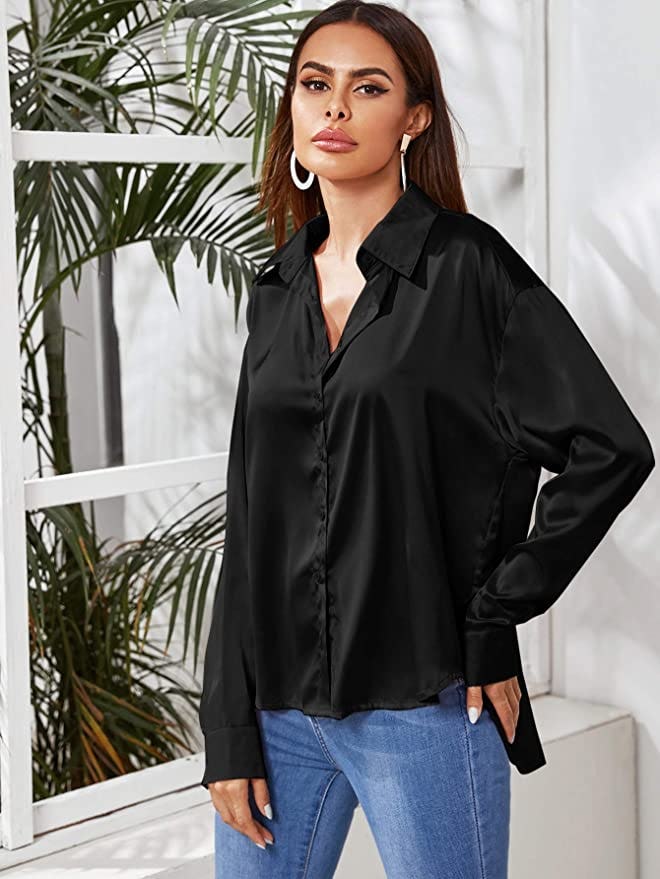 SOLY HUX Satin Silk Long Sleeve Button Down Shirt