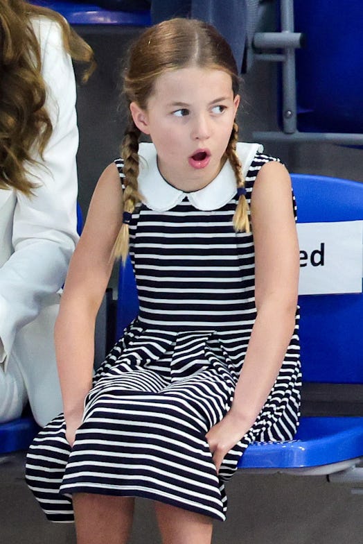 Princess Charlotte wearing a striped shirt and gasping