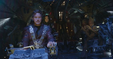 Peter Quill and the Guardians of the Galaxy sit together in the cockpit of the Benatar in Avengers: ...