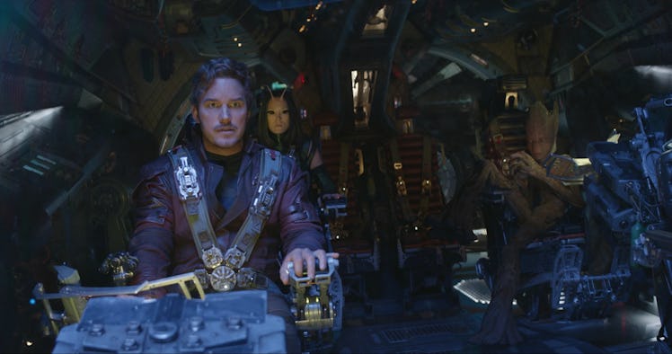 Peter Quill and the Guardians of the Galaxy sit together in the cockpit of the Benatar in Avengers: ...