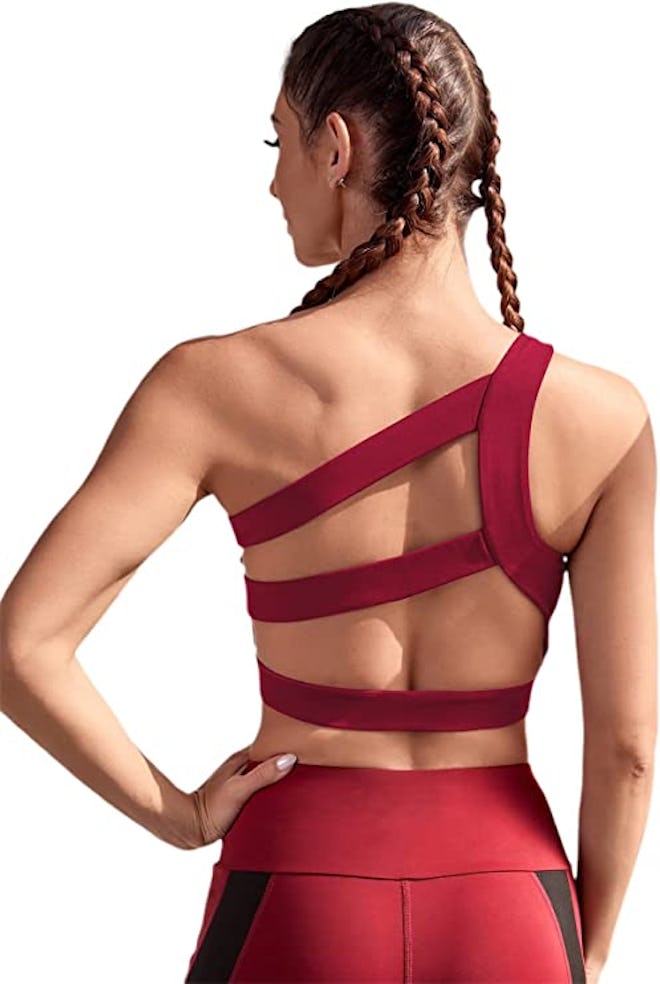 The Verdusa one shoulder sports bra has an interesting, ultra strappy back. 