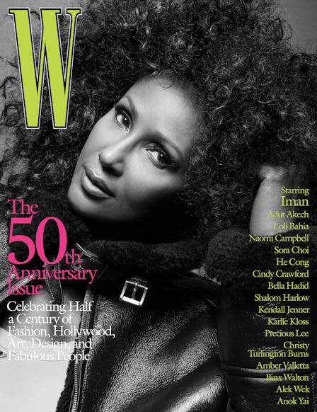 Iman in a black leather jacket on the cover of W Magazine's 50th anniversary issue