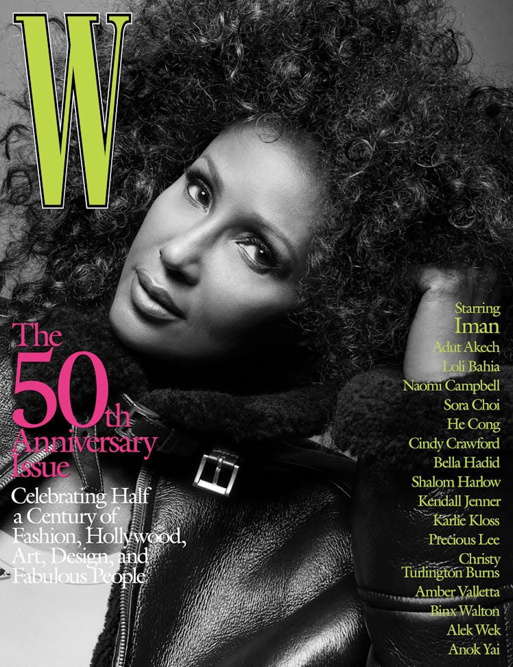 Iman in a black leather jacket on the cover of W Magazine's 50th anniversary issue