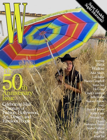 Binx Walton in a black skirt, t-shirt, and hat on the cover of W Magazine's 50th anniversary issue