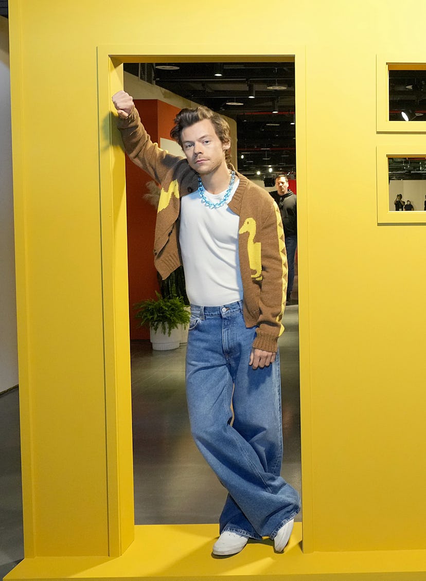 Harry Styles leaning on a yellow wall, wearing a fun retro outfit with a yellow duck on his sweater.