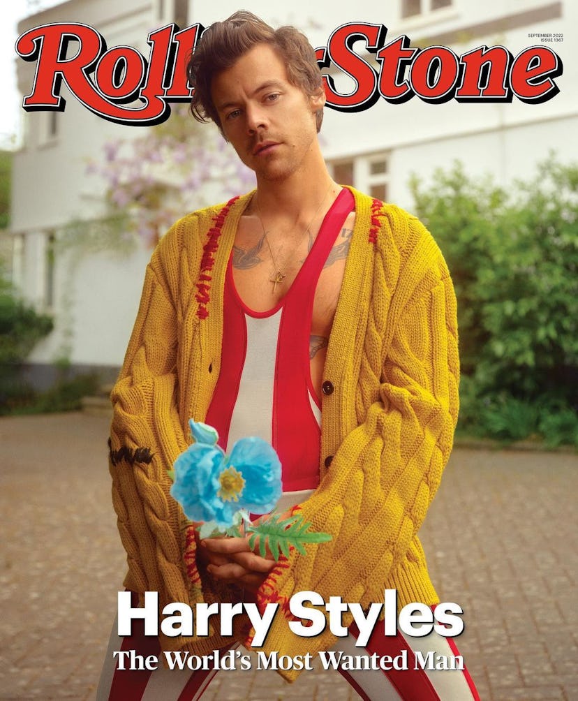 harry styles wearing a red-and-white striped unitard with a yellow cardigan by marni on the cover of...