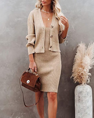 Fessceruna 2-Piece Ribbed Dress and Cardigan Set