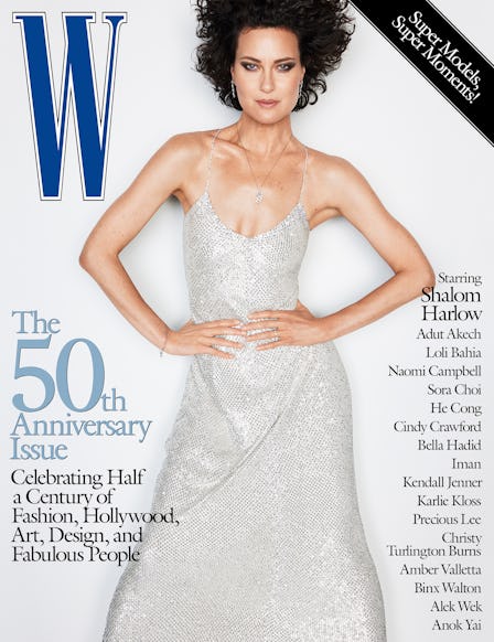 Shalom Harlow in a silver dress on the cover of W Magazine's 50th anniversary issue