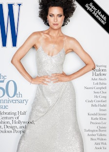 Shalom Harlow in a silver dress on the cover of W Magazine's 50th anniversary issue