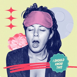 Pop artwork on which a woman is yawning with a sleeping mask
