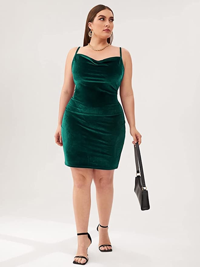 SOLY HUX Velvet Spaghetti Strap Cowl Neck Dress