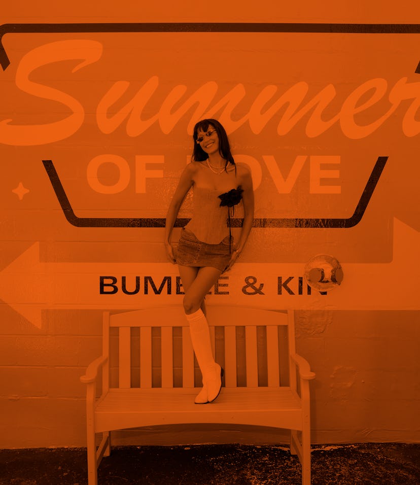 Bella Hadid in a denim mini skirt.