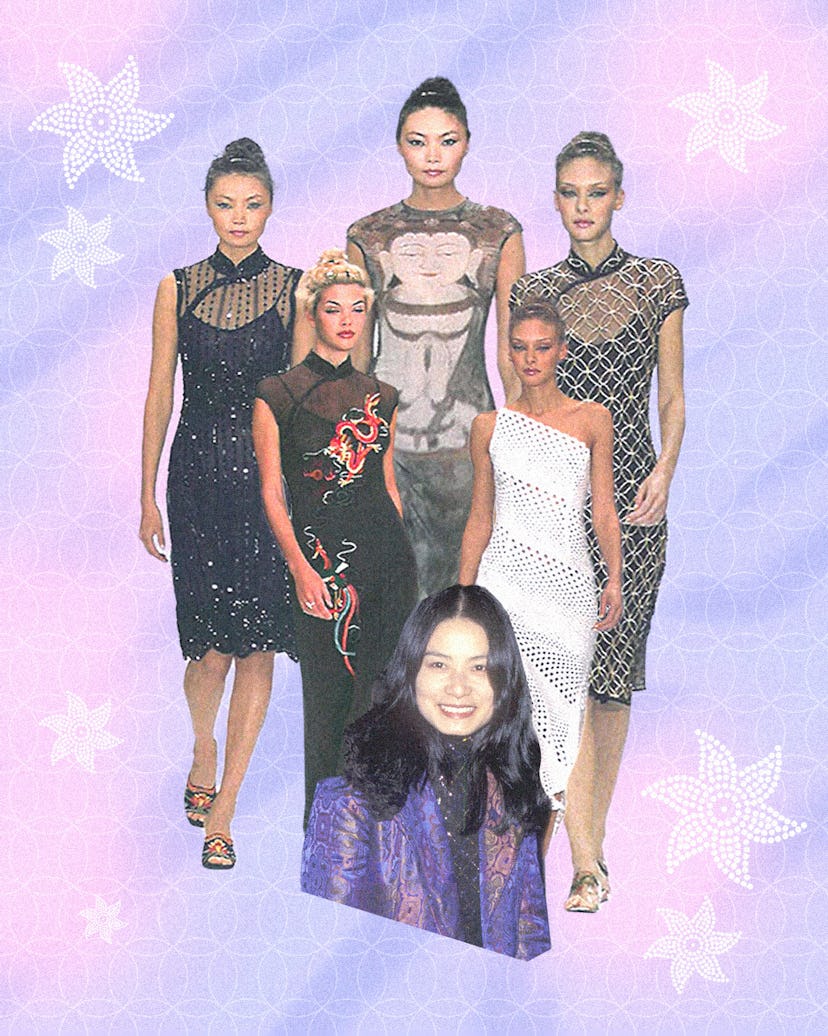 A collage with models wearing looks from Vivienne Tam's Spring 1997 collection
