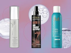 A designed graphic with three of the best heat protectants for fine hair atop a purple-pink backgrou...