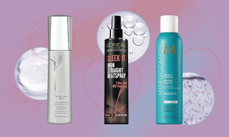 A designed graphic with three of the best heat protectants for fine hair atop a purple-pink backgrou...