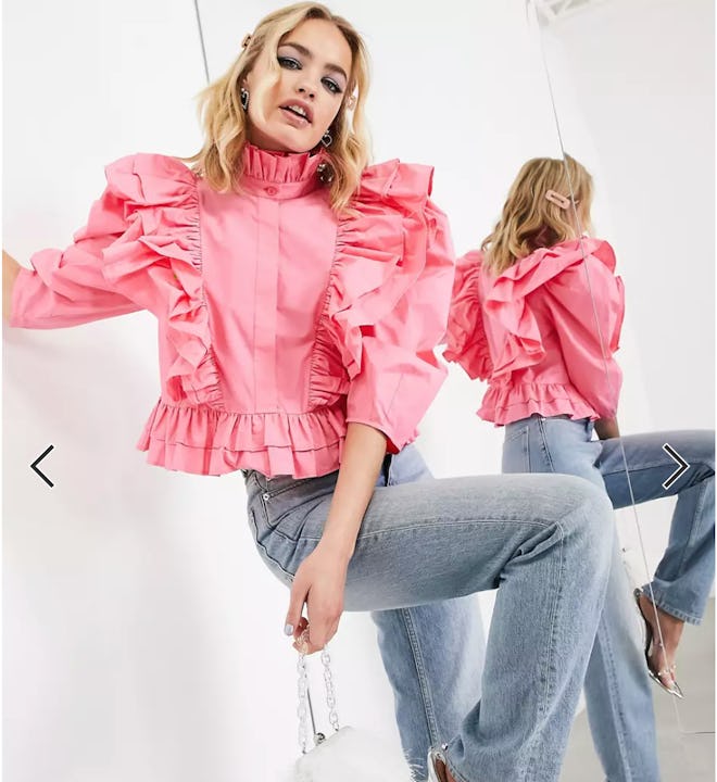 ASOS EDITION ruffle detail shirt with high neck in pink