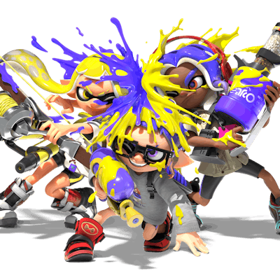Three Splatoon 3 characters with squiddy shooters in a promo poster