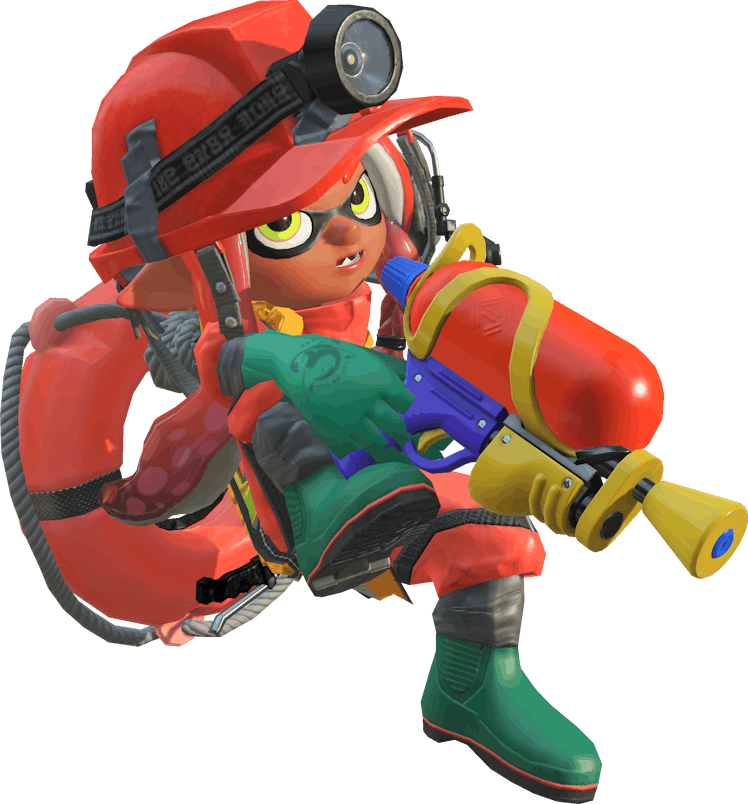 A character from Splatoon 3 with a red helmet backpack and green boots and gloves