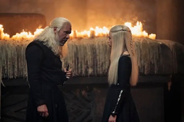 Paddy Considine as Viserys and Milly Alcock as Rhaenyra in House of the Dragon.