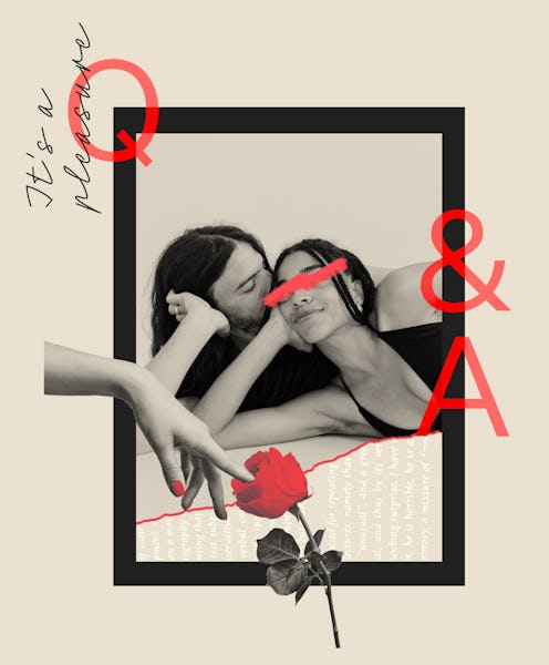 Two woman exploring bisexuality while lying in bed together, framed by the it's a pleasure theme