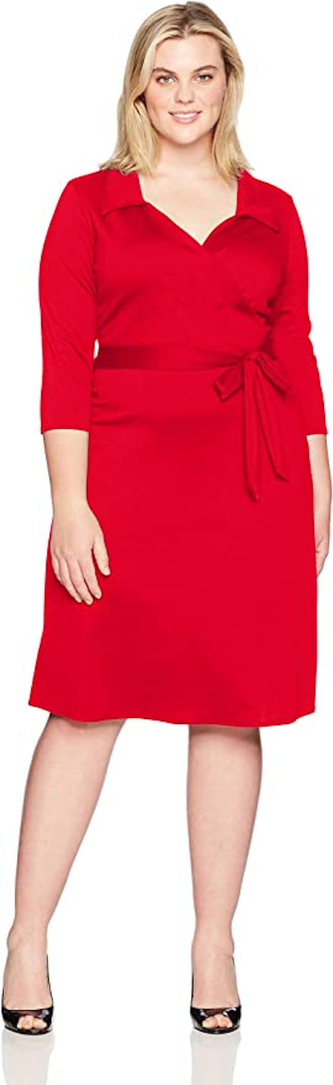 Star Vixen Plus-Size 3/4 Sleeve Faux Wrap Dress With Collar