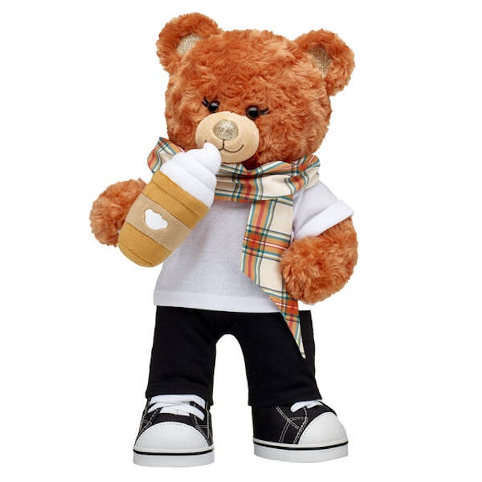 Pumpkin spice bear from build-a-bear with latte and scarf