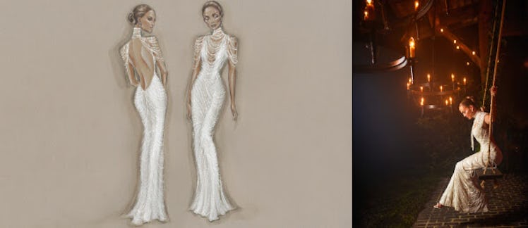 Sketches of Jennifer Lopez's wedding gowns and Jennifer Lopez sitting on a swing wearing a wedding g...