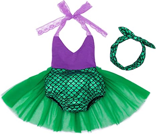 A Disney-themed baby and dog Halloween costume inspired by Ariel.