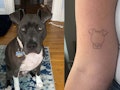 a side-by-side image of a grey pitbull and a tattoo of a dog