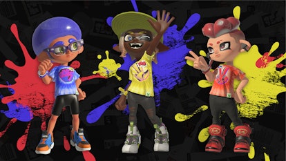Three characters in blue, yellow and red in Splatoon 3