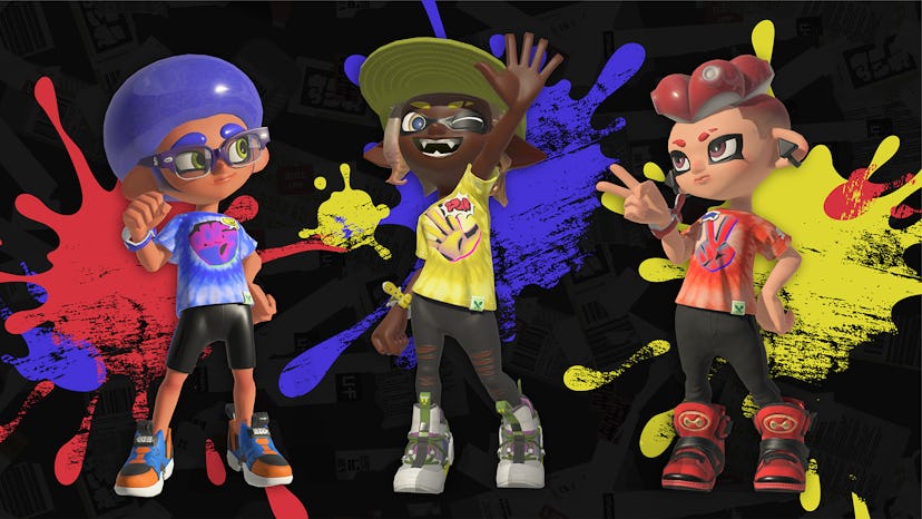 Three characters in blue, yellow and red in Splatoon 3