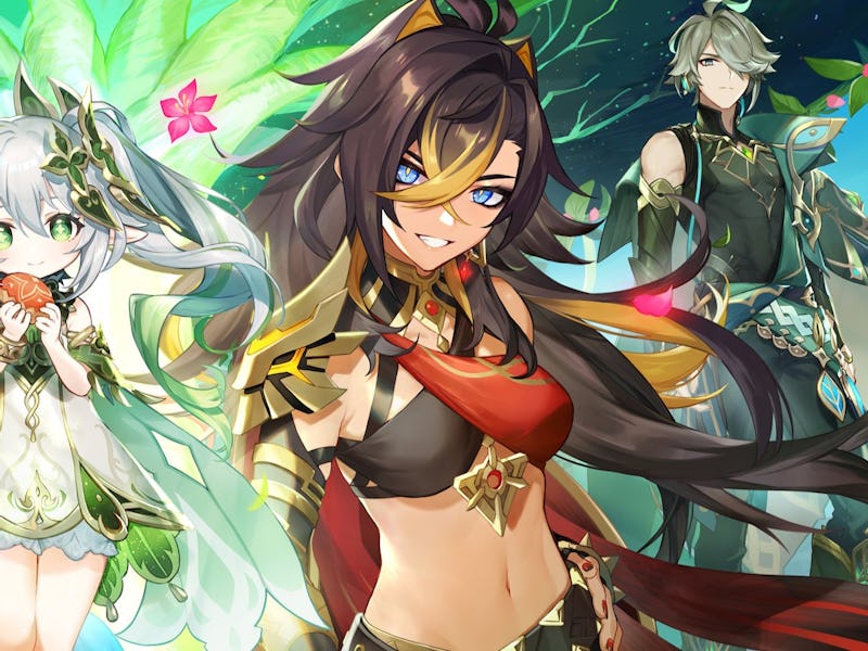 Kusanali, Dehya, and Alhaitham from Genshin Impact